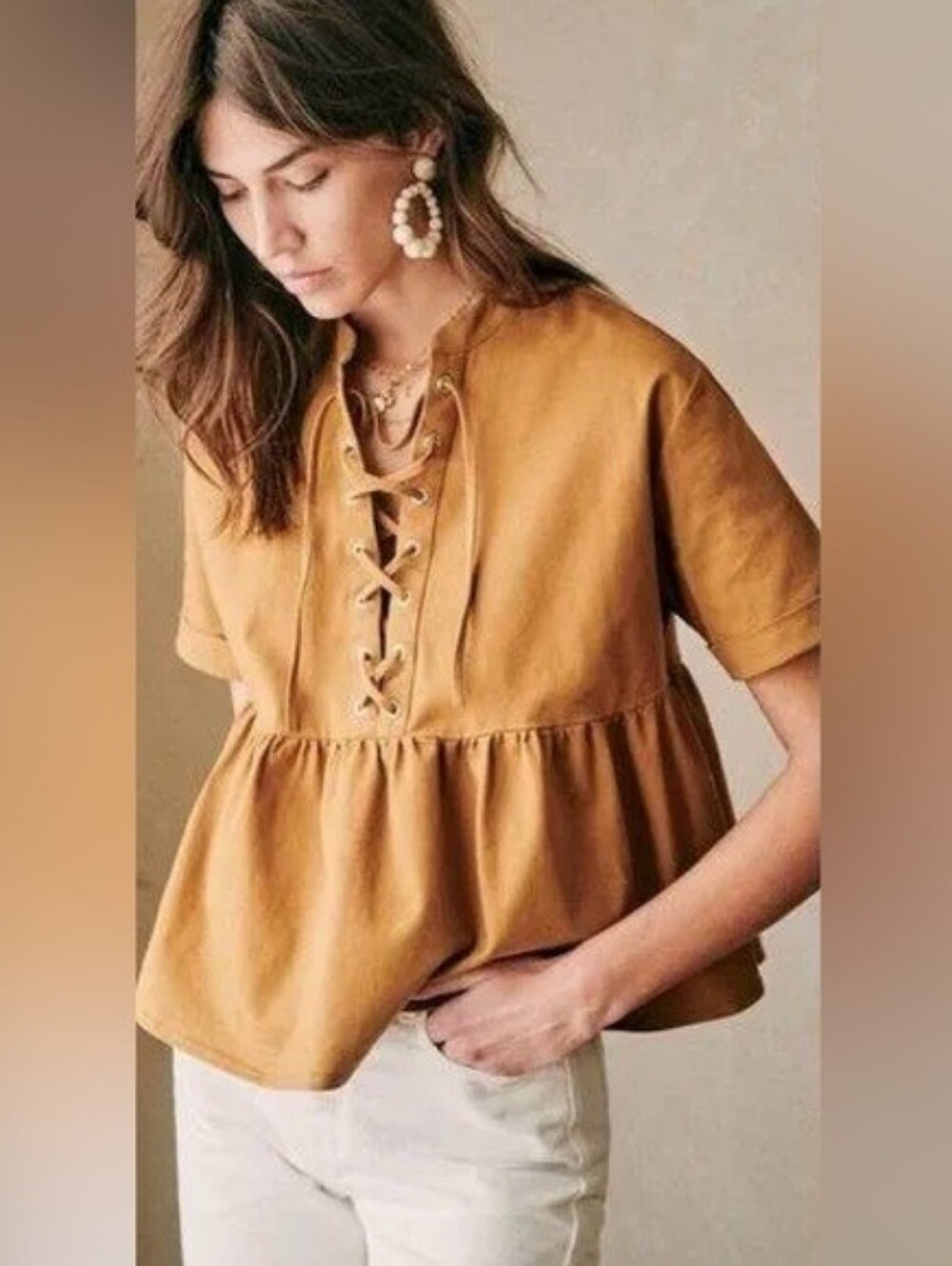 Sezane Theodora Oversized Peplum Tan Top